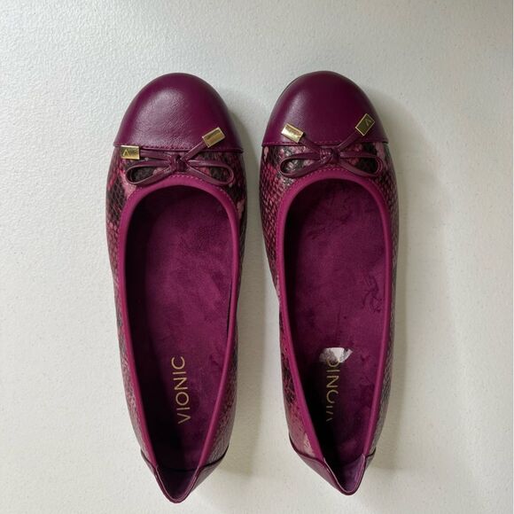 Vionic Minna Purple Leather Cap Toe Bow Snakeskin Ballet Flats Slip On Women 7 - Picture 8 of 14